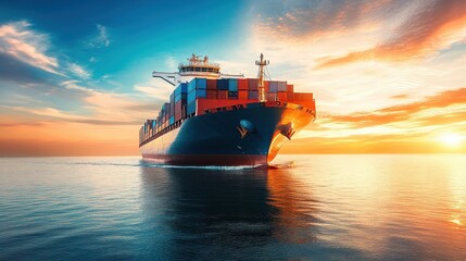 Naklejka premium Front view container ship in import export and business logistic, Trade Port , Shipping, cargo to harbor, Water transport international, Shell Marine, Bright blue sky. 