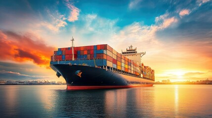 Front view container ship in import export and business logistic, Trade Port , Shipping, cargo to harbor, Water transport international, Shell Marine, Bright blue sky. 