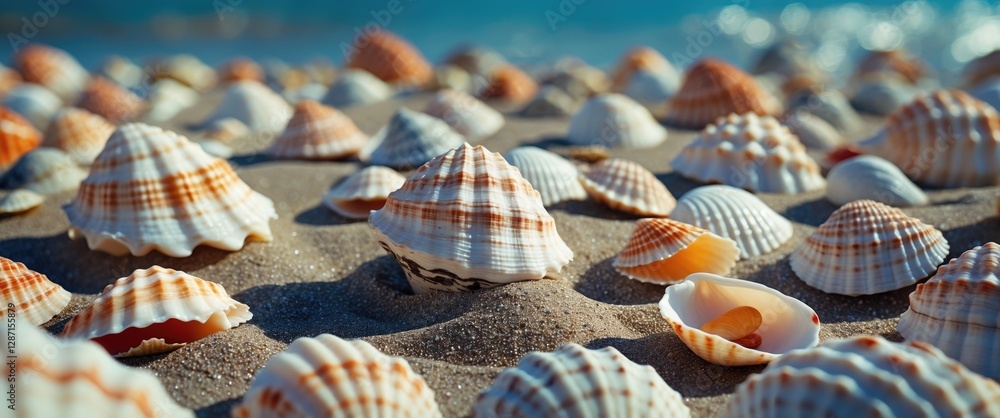 Poster seashells scattered on sandy beach with ocean waves in the background creating a serene coastal atmo