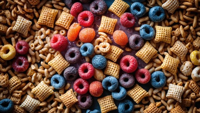 Colorful assortment of breakfast cereals in a vibrant, eye-catching pattern suitable for food advertising or healthy eating concepts.