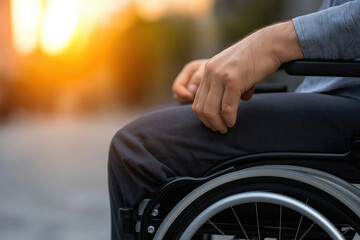 Person seated in a wheelchair enjoying a sunset in an urban setting