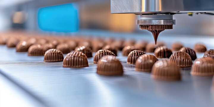 Automated food printing machine preparing chocolate candies in different shapes, futuristic innovative technology of culinary, 3d printing