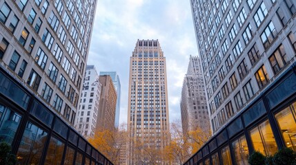 City autumn skyscrapers, urban canyon, fall foliage, business district