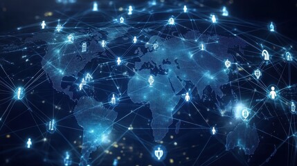 Global social media network, Digital world map with users worldwide connections.
