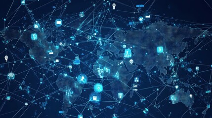 Global social media network, Digital world map with users worldwide connections.