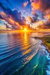 Aerial view sunset sky. Nature beautiful Light Sunset or sunrise over sea
