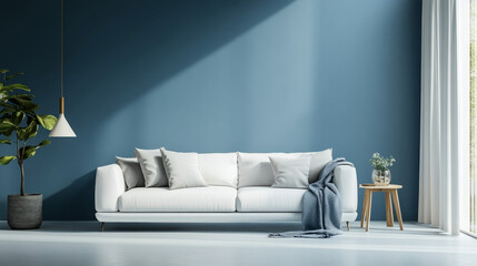 A minimalist side table arrangement, abstract décor, and a comfortable white sofa characterise this modern living room in calm blue tones.