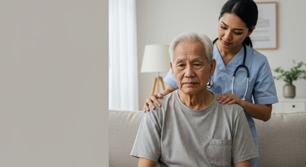 Fototapeta premium Nurse taking care of the senior patient sitting on wheel chair, Nurse taking care of old man in wheelchair
