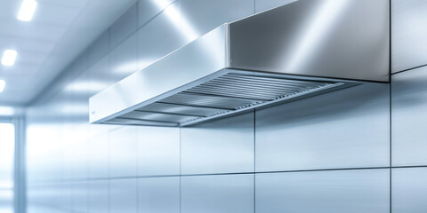Obraz premium Industrial Stainless steel kitchen exhaust hood in restaurant kitchen, ventilation and smoke removal. Air filtration in the cooking area.