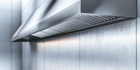 Obraz premium Industrial Stainless steel kitchen exhaust hood in restaurant kitchen, ventilation and smoke removal. Air filtration in the cooking area.