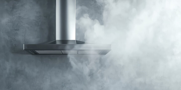 Industrial Stainless steel kitchen exhaust hood in restaurant kitchen, ventilation and smoke removal. Air filtration in the cooking area.