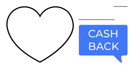 Heart outline next to a blue text bubble with Cash Back message and abstract lines. Ideal for rewards programs, customer loyalty, money saving, promotions, e-commerce, financial incentives, marketing