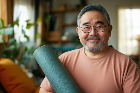 Older Asian man holding yoga mat ready for exercise in living room