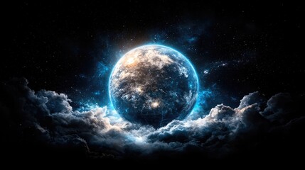 Obraz premium Glowing planet above dark clouds, space background, cosmic art, desktop wallpaper