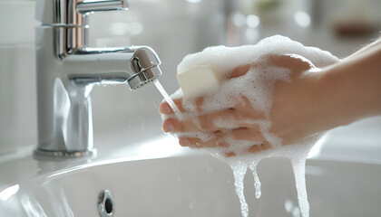 Fototapeta premium Woman use soap and washing hands under the water tap. Hygiene concept hand detail