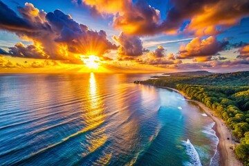 Aerial view sunset sky. Nature beautiful Light Sunset or sunrise over sea