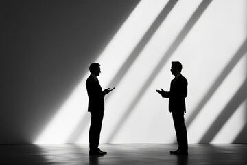 Fototapeta premium Two business professionals engaged in a conversation amid striking light patterns in a modern interior space. Generative AI