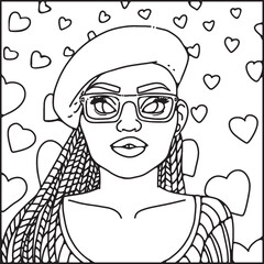 lineart of girl with beret and hearts