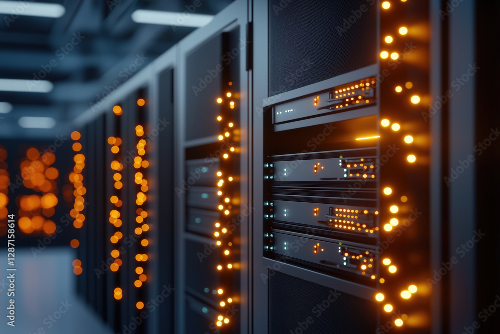 Poster advanced data center filled with glowing servers during nighttime operations