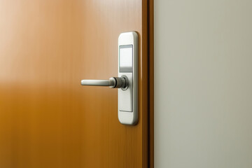 Close-up of modern door handle on wooden door located in a contemporary interior
