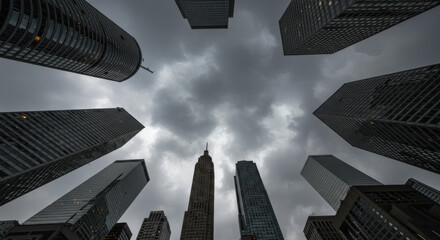 Storm clouds gathering over a financial district symbolizing impending crisis