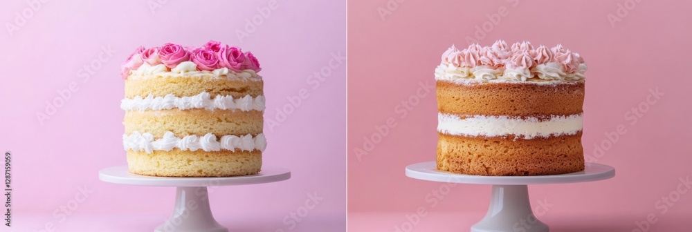 Poster two beautifully crafted layered cakes with pink frosting displayed on elegant stands in a modern set
