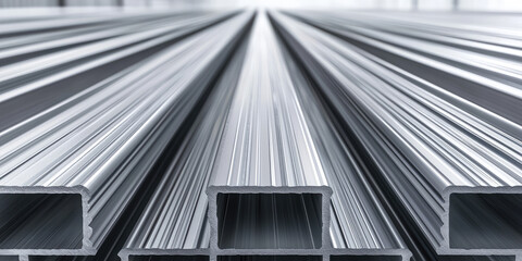 Obraz premium Steel beams profile lying in a row in the warehouse. Procurement of building materials for construction and frame works