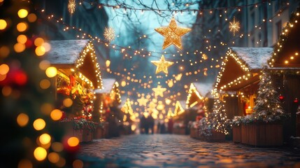 Attending holiday markets with glowing AR product information, vibrant outdoor festive setting, dynamic lighting, photorealistic