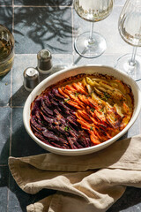baked gratin in ceramic dish, purple potatoes, orange sweet potatoes. Garnished with fresh herbs and served on a rustic tiled table with wine glasses