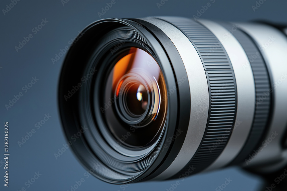 Poster high-quality camera lens with detailed features displayed on a blurred background