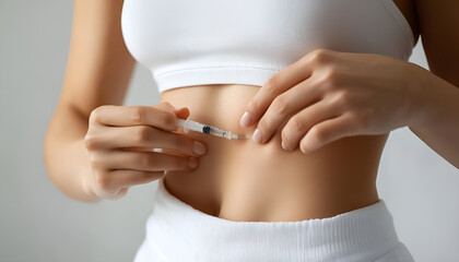 Young woman putting a hormonal injection in her stomach with pen syringe on a grey background. The use of lipolytics in cosmetology. Preparations for figure correction. Insulin injections for diabetes