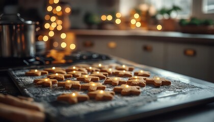 Baking gingerbread cookies with glowing AR recipe guides, cozy holiday kitchen, soft warm lighting, photorealistic