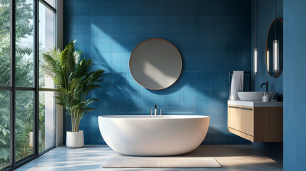 Fototapeta premium Modern design, a huge window letting in natural light, a freestanding tub, a circular mirror and blue wall tiles in a stylish bathroom.
