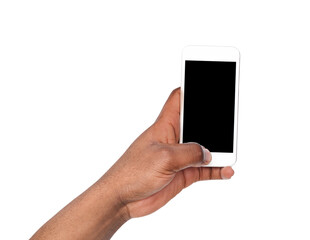 Man taking picture using smart phone. Black hand holding smartphone and shooting photo, isolated on white
