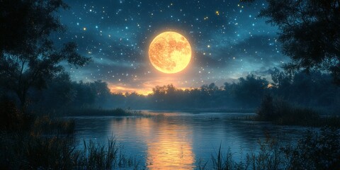 Enchanted Night: Serene Lake Under a Giant Moon