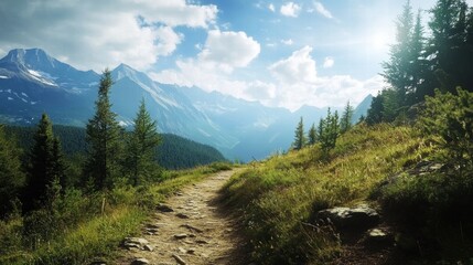 Fototapeta premium A serene mountain trail winds through lush greenery under a bright sky, inviting exploration and connection with nature.