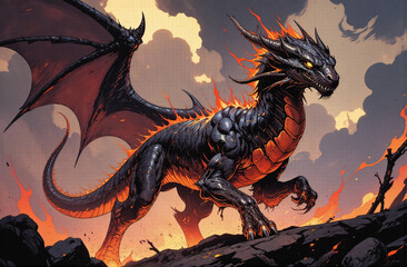 Naklejka premium heroic fantasy portrait of a fiery serpent ebonflame wyrm mythical creature twisting reality and damaging souls in a vibrant magical realm stunning imaginative art for fantasy lovers and collectors