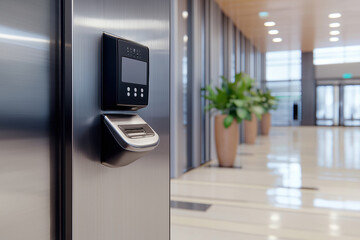 Sleek elevator control panel in a modern office building hallway