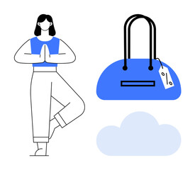 Woman in yoga pose with hands in prayer position, next to a blue handbag with a price tag and a cloud shape. Ideal for wellness, mindfulness, fashion, retail, relaxation, lifestyle harmony. Line