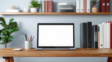 Creative workspace modern motivational, Laptop Mockup Blank Screen On Wooden Desk In Minimalist Home Office