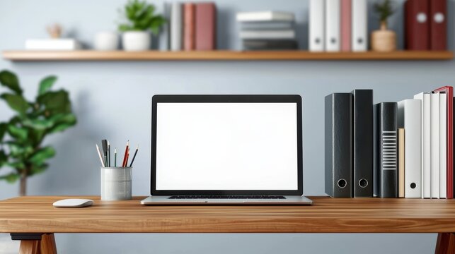 Creative workspace modern motivational, Laptop Mockup Blank Screen On Wooden Desk In Minimalist Home Office