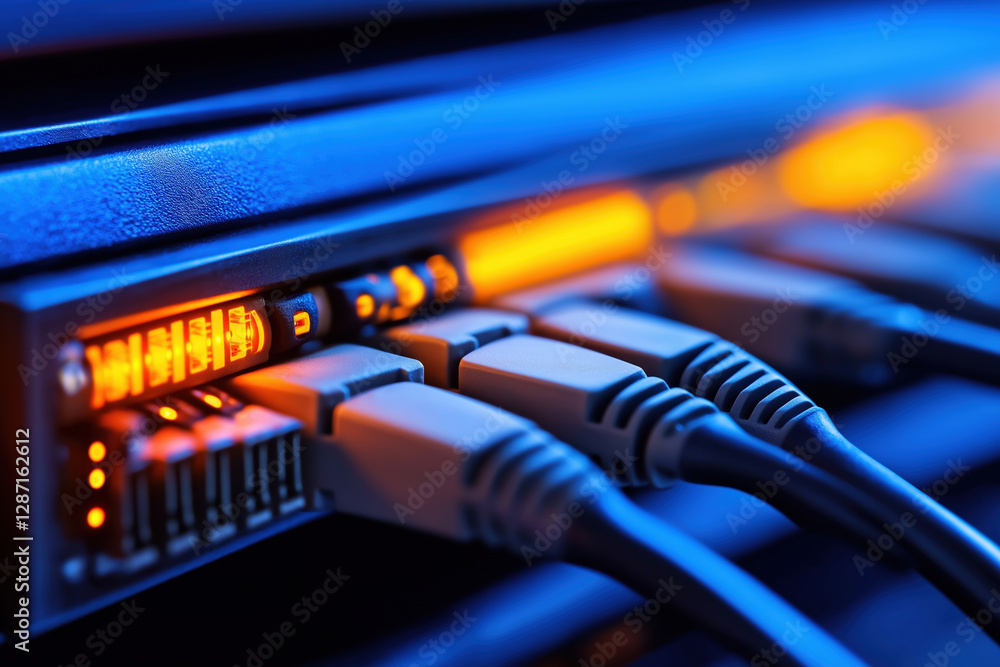 Poster network cables connected to a server in a data center during a late evening
