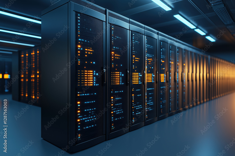 Poster modern data center with illuminated server racks and a futuristic environment