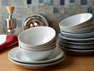 Elegant Tableware Still Life: A stack of pristine white plates and bowls sit artfully on a wooden surface, a harmonious arrangement captured in a beautifully lit still life. 