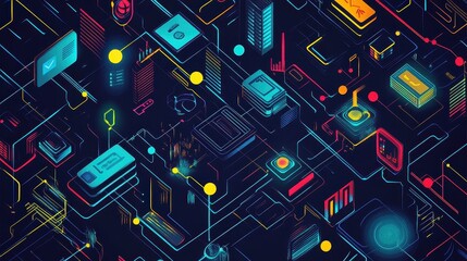 Fototapeta premium Network flat design top view theme information technology water color vivid. 