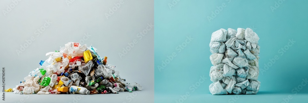 Poster contrast of environmental impact showing a pile of plastic waste and neatly stacked recycled plastic