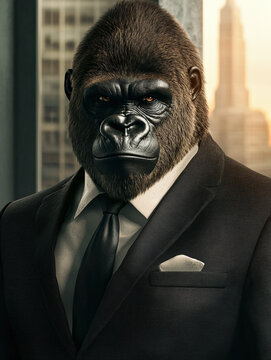 A business gorilla in a black suit - illustration, created with.