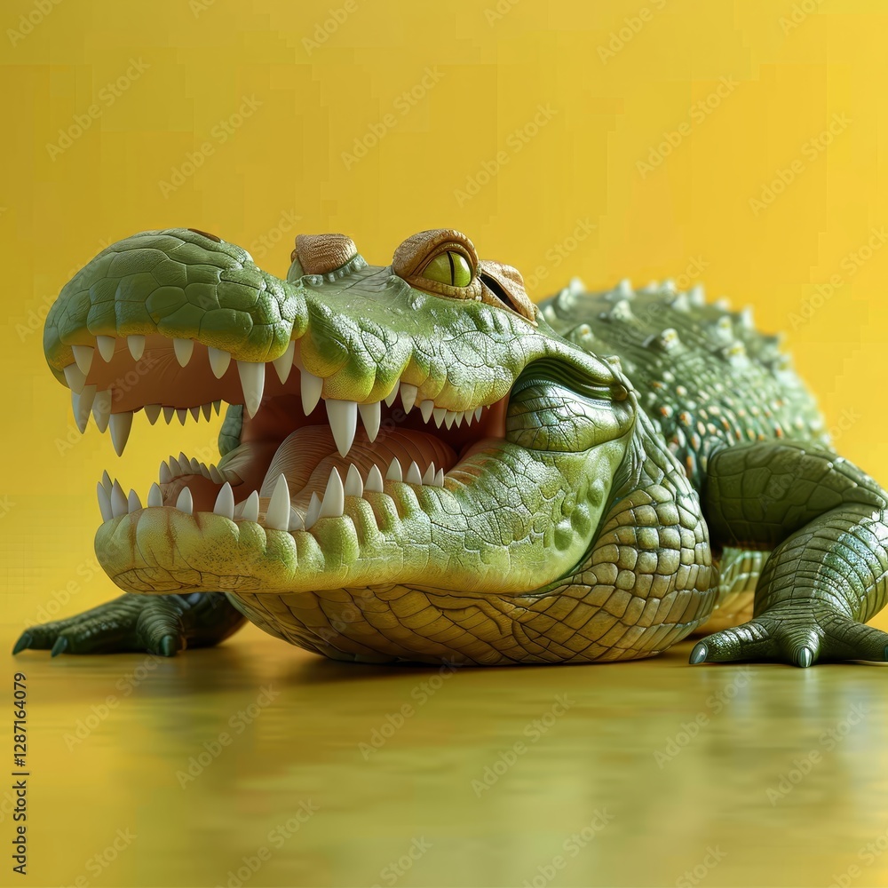 Aufkleber a playful cartoon crocodile is smiling widely showcasing its sharp teeth. set against a vibrant yell