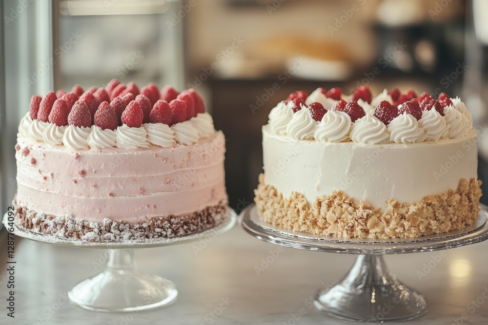 Poster delicious cakes displayed in a cozy bakery adorned with fresh raspberries and cream just before a bu