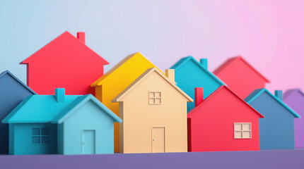 Colorful Small Houses Models Row for travel educational materials, real estate, and neighborhood community designs.